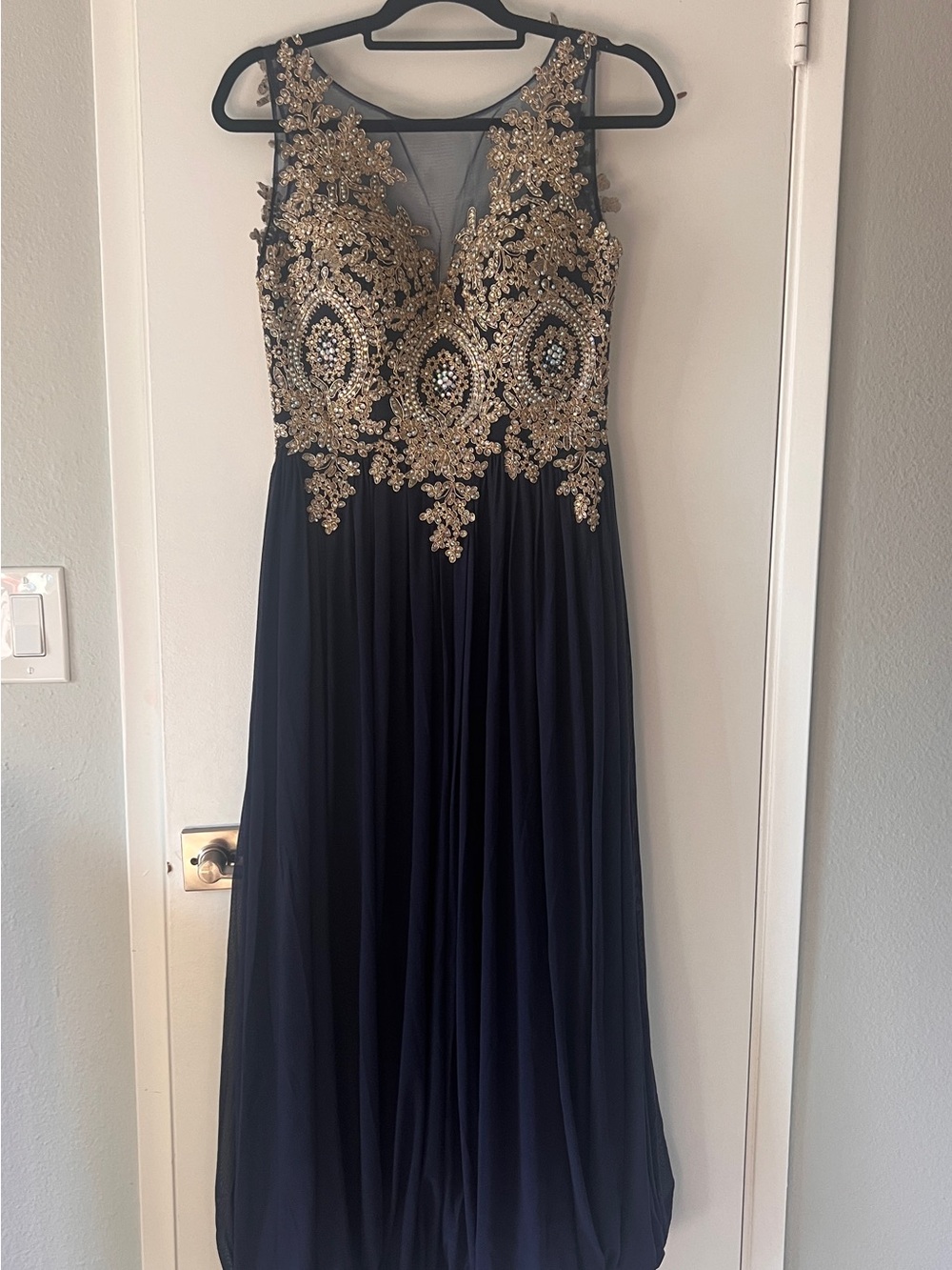 Jovani Navy Gown with Gold/silver Beaded Bodice